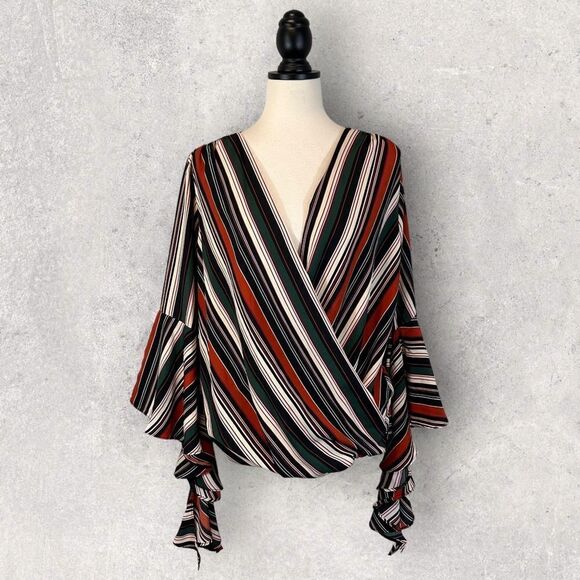 Gilli Striped V-Neck Wrap Blouse Long Flared Bell Sleeve, Size M - Picture 1 of 13